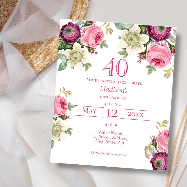 Papier Budget Magenta Floral 40e anniversaire Invitation (Créateur téléchargé)