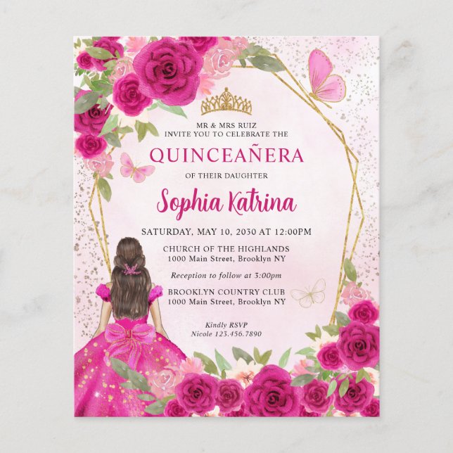 Papier Budget Magenta Gold Floral Princesse Quinceañera (Devant)