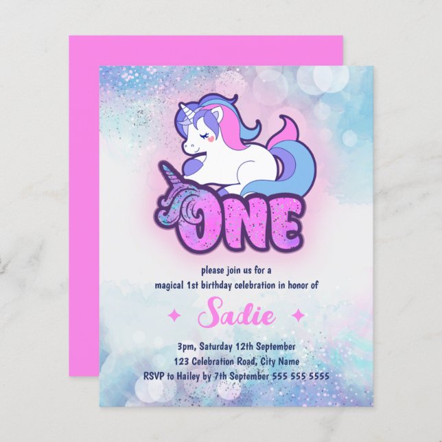 Papier Budget Magical Sparkle Unicorn 1er anniversaire In (Devant / Derrière)
