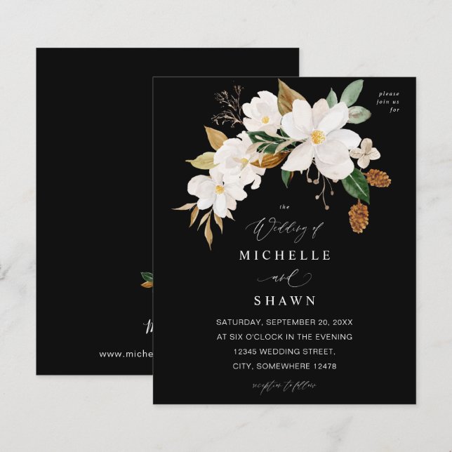 Papier Budget Magnolia Mariage Floral blanc - Noir (Devant / Derrière)