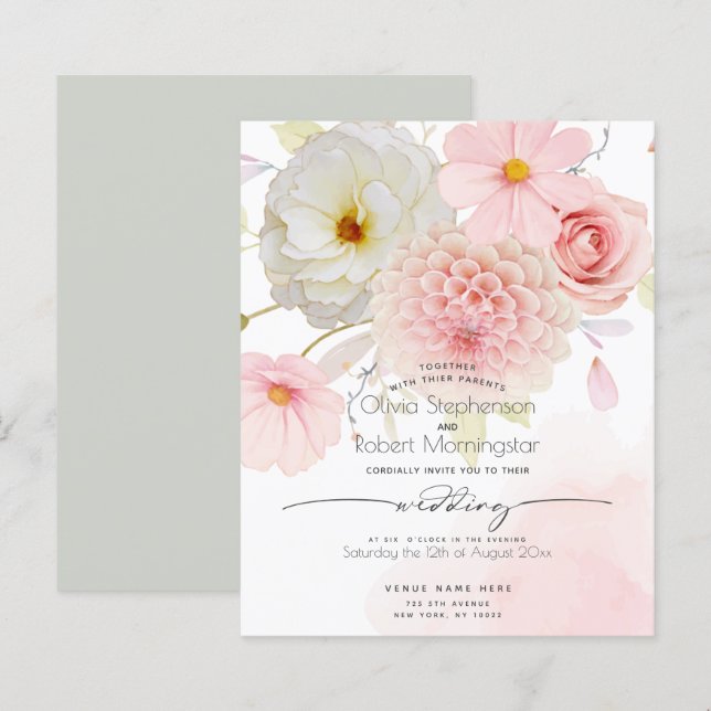 Papier Budget Mais Beau Pastel Rose Mariage Floral (Devant / Derrière)