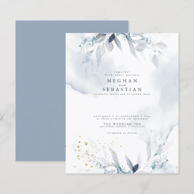 Papier Budget Mais Belle Elégante Aquarelle Bleue (Devant / Derrière)