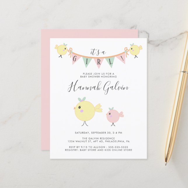 Papier Budget Mama Bird Baby Girl Douche Invitation (Devant/Arrière en situation)
