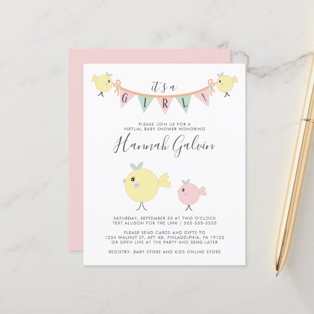 Papier Budget Mama Bird Virtual Baby Girl Douche Invitati (Devant/Arrière en situation)