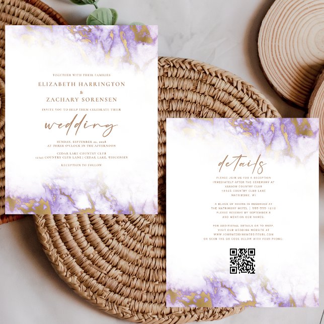 Papier Budget Marble Lavender Gold QR Code Mariage Invita (Créateur téléchargé)