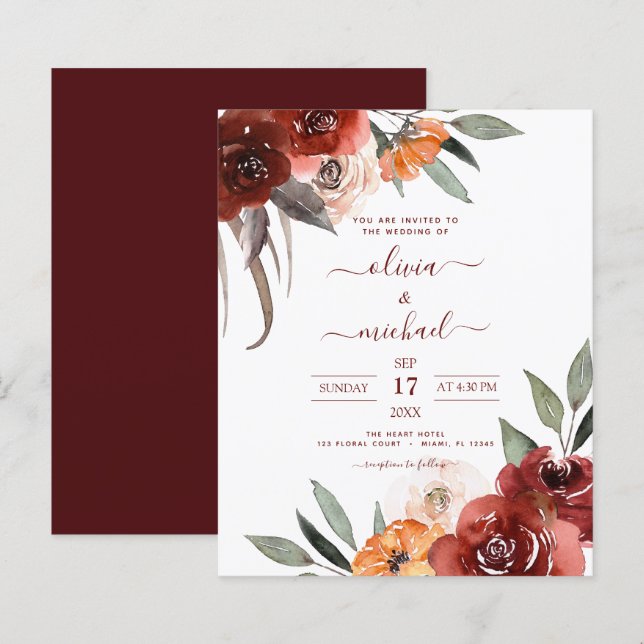 Papier Budget Mariage de automne Bourgogne Floral (Devant / Derrière)