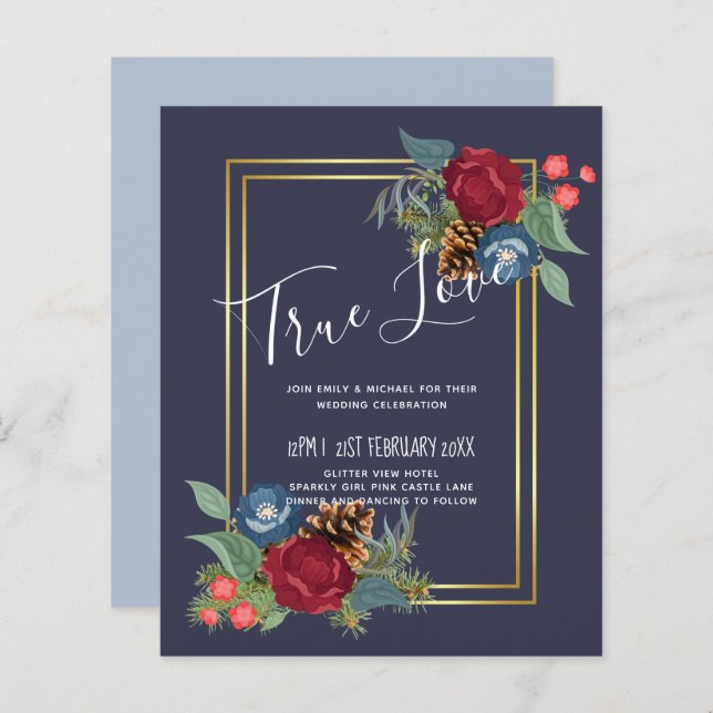 Papier BUDGET Mariage d'hiver Bourgogne Turquoise Bleu mo (Devant / Derrière)