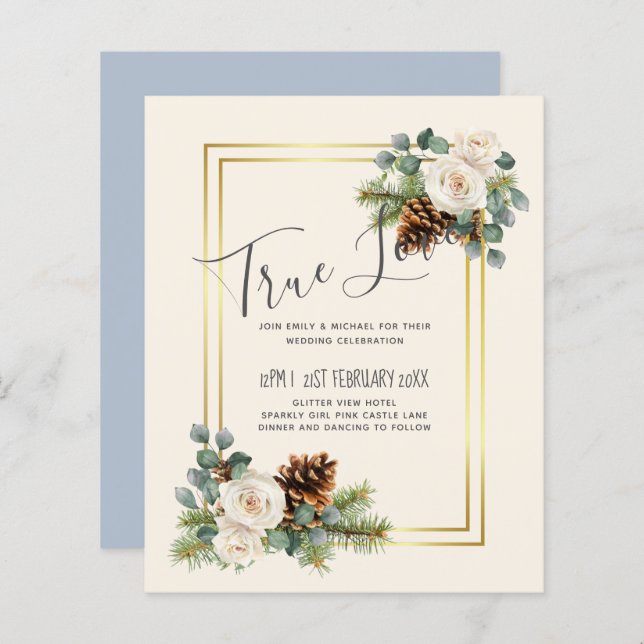 Papier BUDGET Mariage d'hiver Roses blanches Or Dusty Ble (Devant / Derrière)