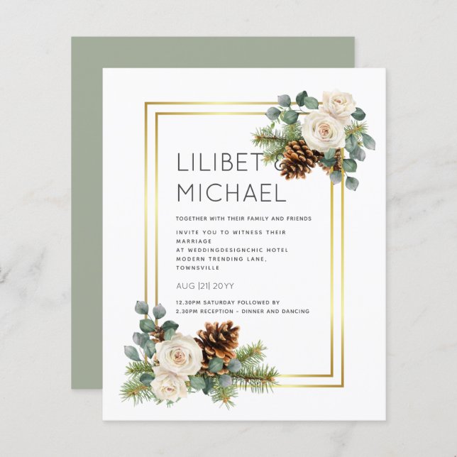 Papier BUDGET  Mariage d'hiver Roses blanches poussiéreus (Devant / Derrière)