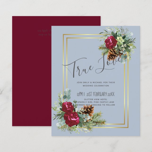 Papier BUDGET  Mariage d'hiver Roses bordeaux Eucalyptus (Devant / Derrière)
