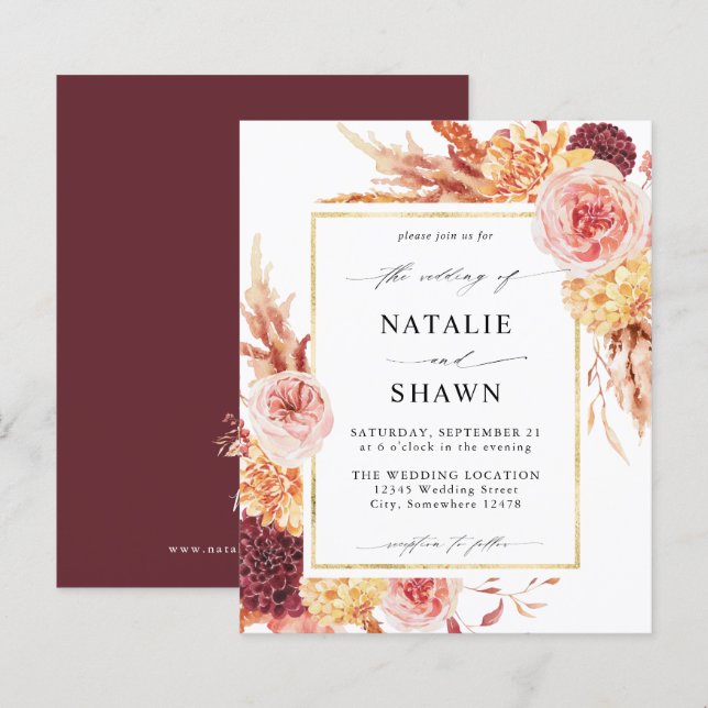 Papier Budget Mariage Fleurs Rose Doré Bourguogne Blush (Devant / Derrière)