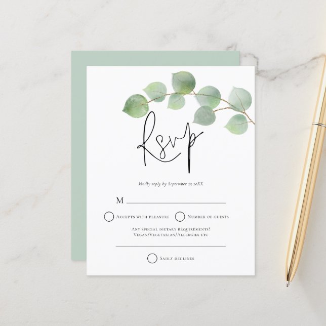Papier Budget Mariage Moderne au Eucalyptus RSVP (Devant/Arrière en situation)