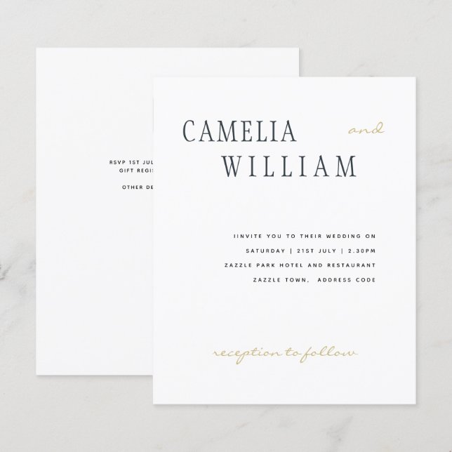 Papier BUDGET Mariage moderne Midnight Blue Gold Texte (Devant / Derrière)