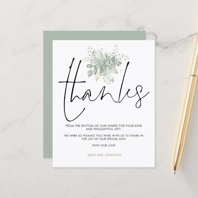 Papier Budget Mariage Sage Foliage Gold Script Merci (Devant/Arrière en situation)