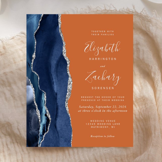 Papier Budget Marine Bleu Brûlé Orange Faire-part de mari (Créateur téléchargé)