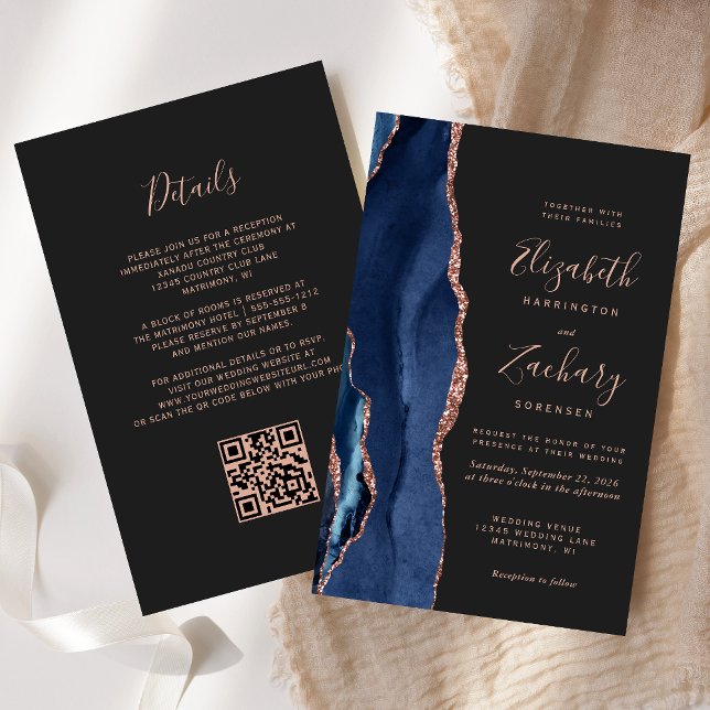 Papier Budget Marine Blue Agate Dark QR Code Mariage (Créateur téléchargé)