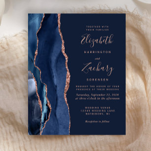 Papier Budget Marine Blue Agate Rose Gold Wedding Invitat