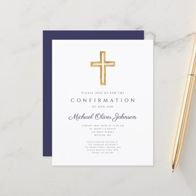 Papier Budget Marine Blue Boy Confirmation Invitation (Devant/Arrière en situation)
