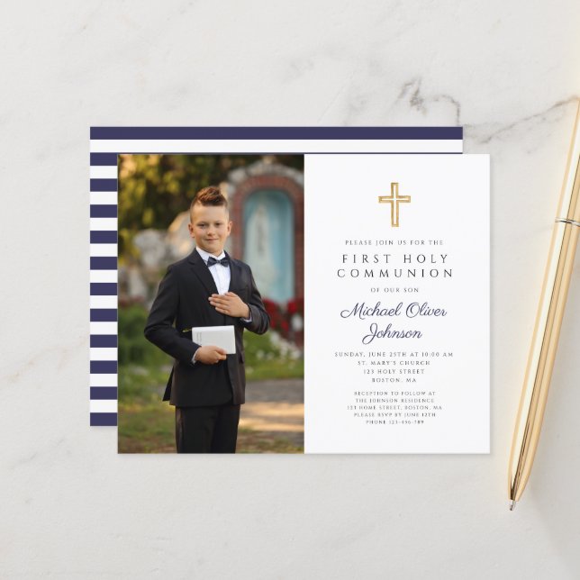 Papier Budget Marine Blue Boy First Communion Photo Invit (Devant/Arrière en situation)