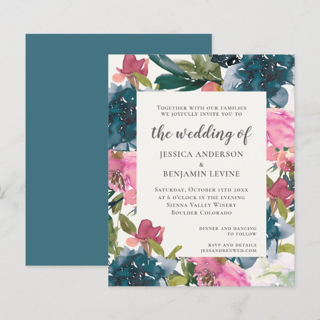 Papier Budget Marine Blue Floral Aquarelle Mariage Invita (Devant / Derrière)
