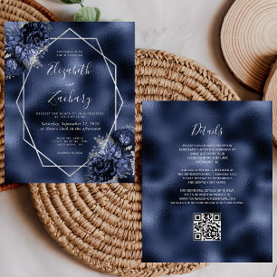 Papier Budget Marine Blue Floral Argent QR Code Mariage