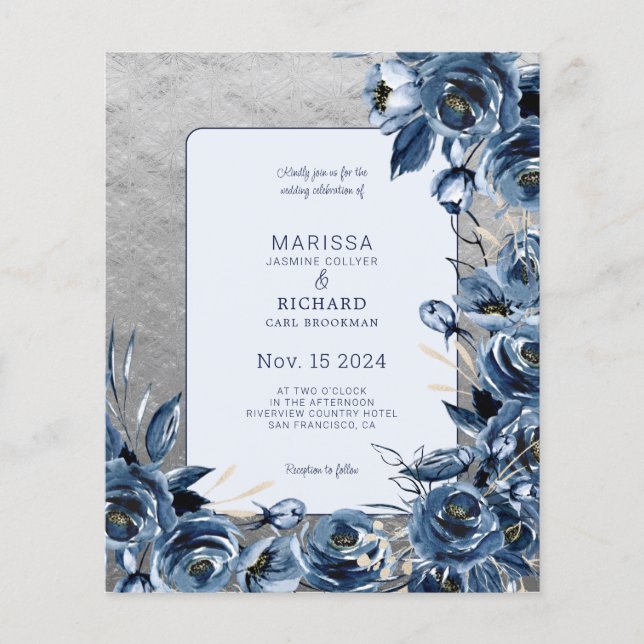 Papier Budget Marine Blue Floral Silver Faire-part de mar (Devant)