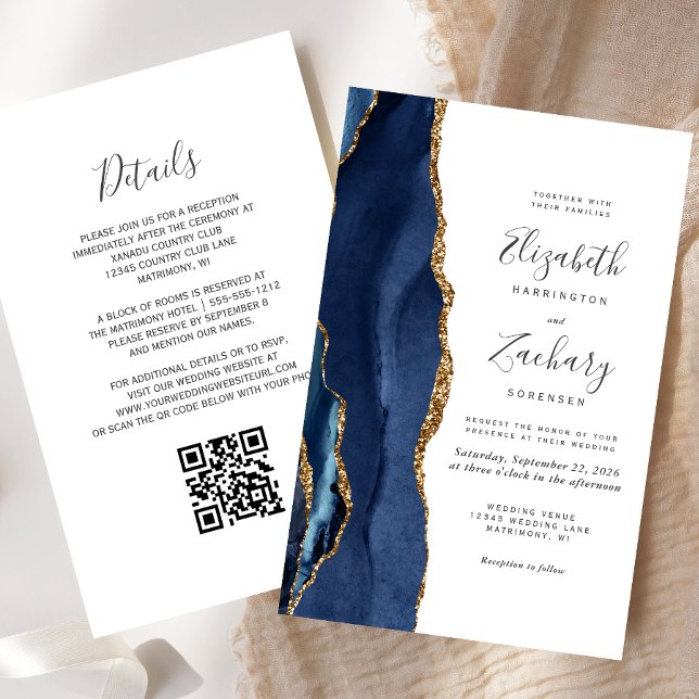 Papier Budget Marine Blue Gold Agate QR Code Mariage Invi (Créateur téléchargé)
