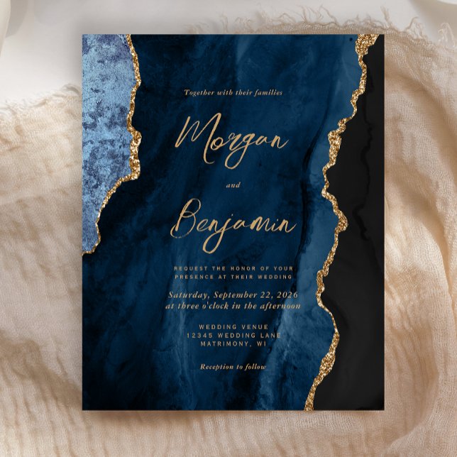 Papier Budget Marine Blue Gold Agate Script Mariage Invit (Créateur téléchargé)