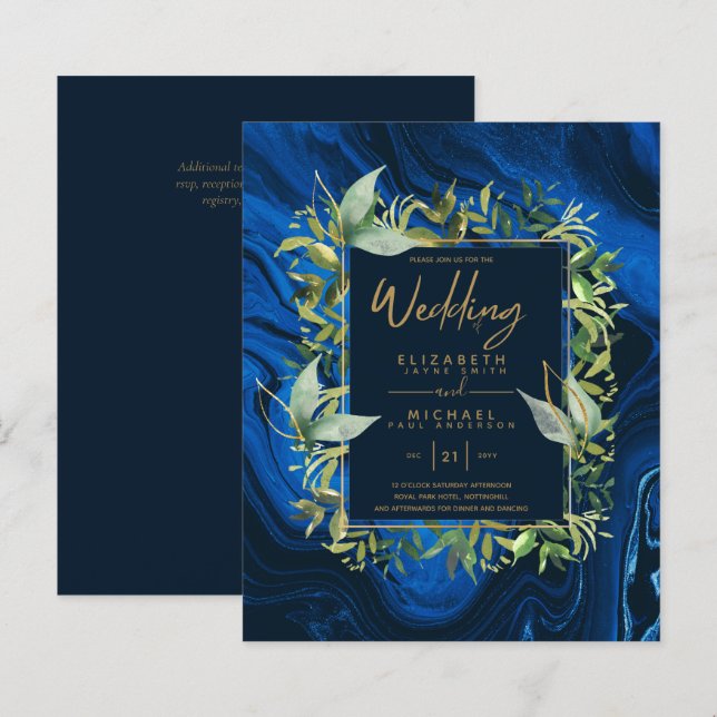 Papier BUDGET Marine Blue Gold Greenery Mariage Invite (Devant / Derrière)