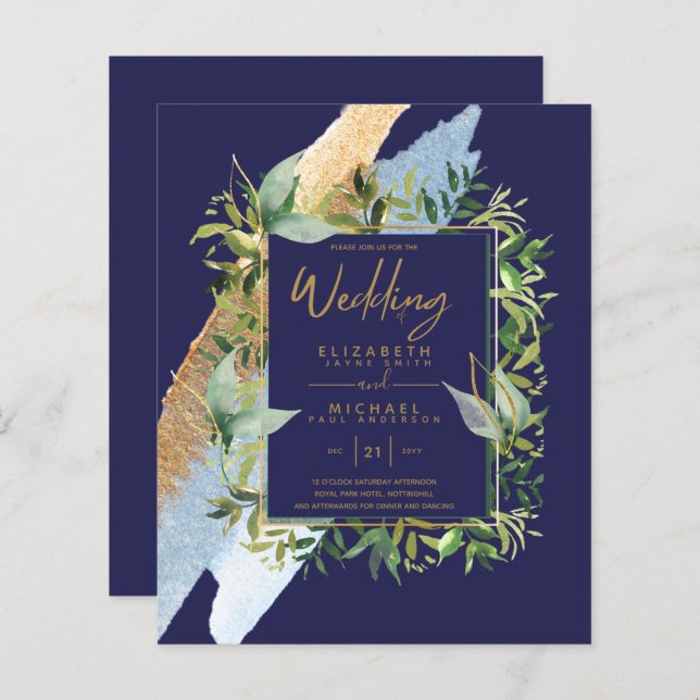 Papier BUDGET Marine Blue Gold Greenery Mariage Invite (Devant / Derrière)