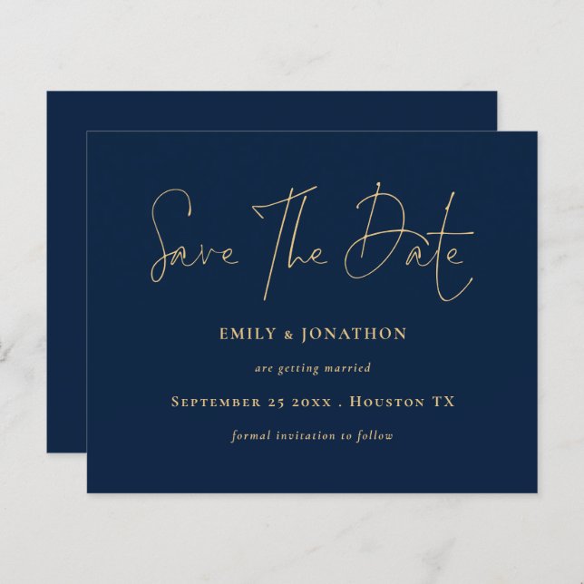 Papier Budget Marine Blue Gold Script Enregistrer la date (Devant / Derrière)