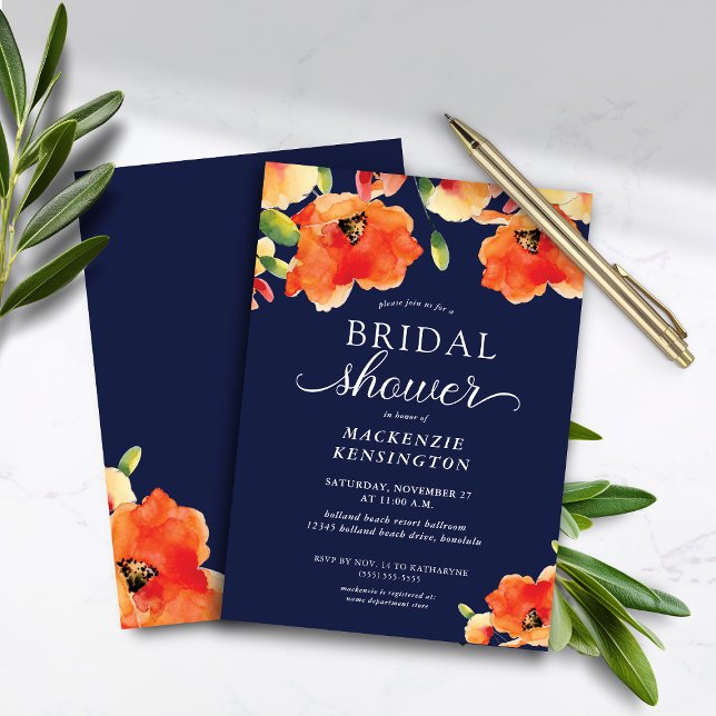 Papier Budget Marine Blue Orange Poppy Fête des mariées (Budget Navy Blue Orange Poppy Bridal Shower Invitation)