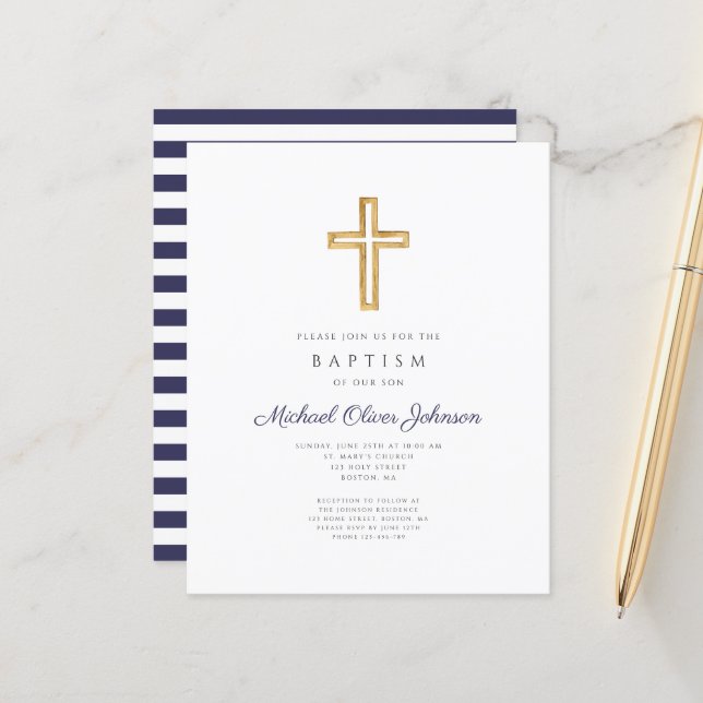Papier Budget Marine Blue Stripes Cross Boy Baptism Invit (Devant/Arrière en situation)