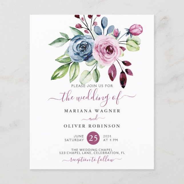 Papier Budget Marine Blue Wine Floral Faire-part de maria (Devant)