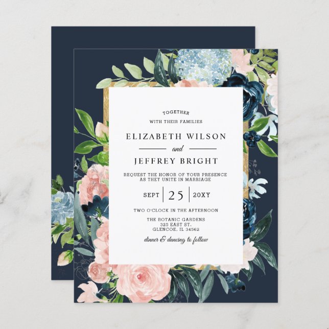 Papier Budget Marine Blush Gold Floral Faire-part de mari (Devant / Derrière)
