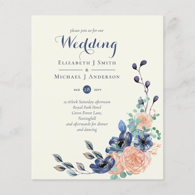 Papier BUDGET Marine Coral Floral Mariages Invitations (Devant)