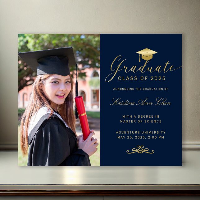 Papier Budget Marine Gold Formal Script Photo Graduation (Budget Navy Blue Gold Formal Script Photo Graduation Announcement)