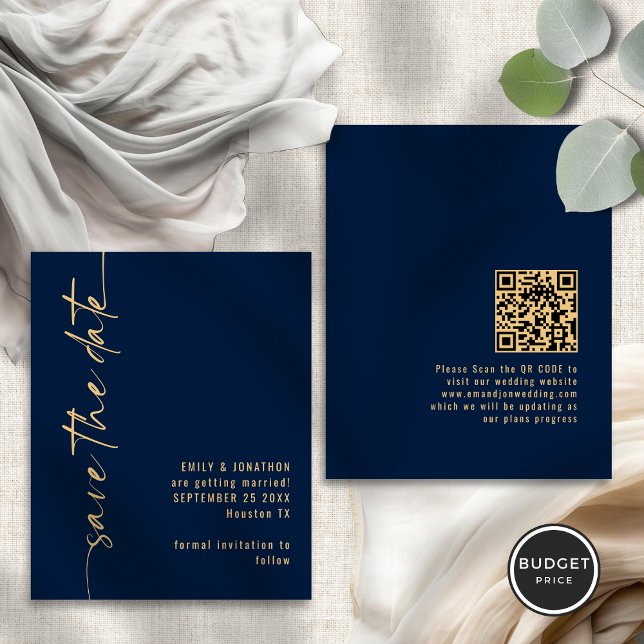Papier Budget Marine Gold Script QR Wedding Enregistrer l (Front and back view)