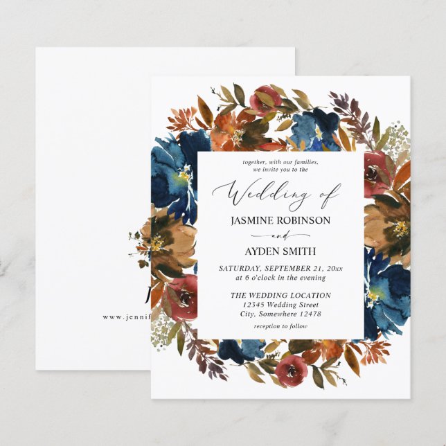 Papier Budget Marine, Orange et Brown Floral Mariage (Devant / Derrière)