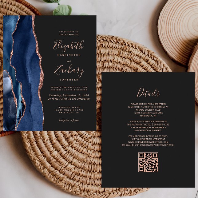 Papier Budget Marine Rose Gold Agate Dark QR Code Mariage (Créateur téléchargé)