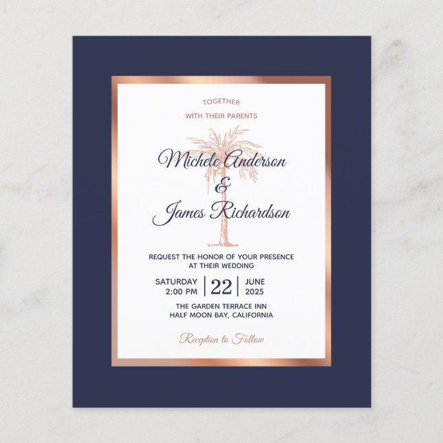 Papier Budget Marine Rose Gold Palm Faire-part de mariage (Devant)