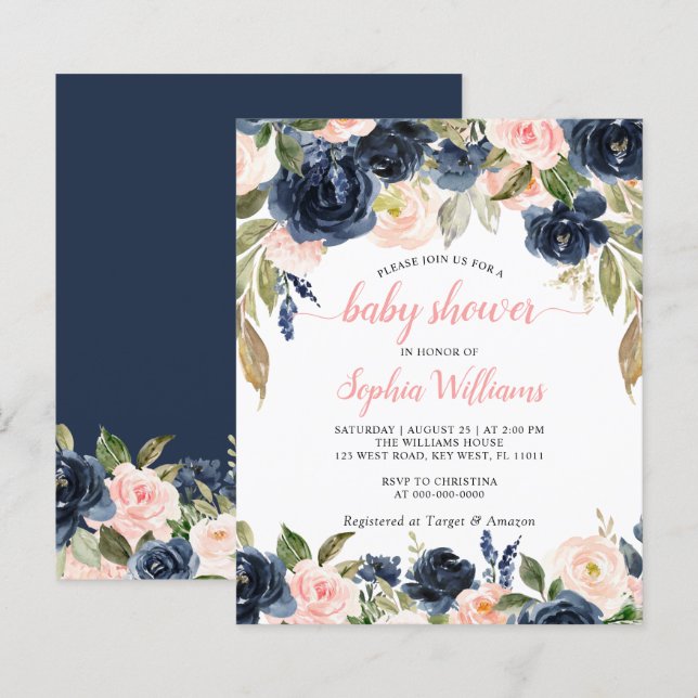 Papier Budget Marine & Roses Rose Baby shower Invitation (Devant / Derrière)
