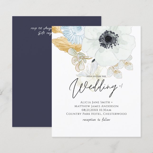 Papier BUDGET Marine White Gold Floral Wedding Invitation (Devant / Derrière)