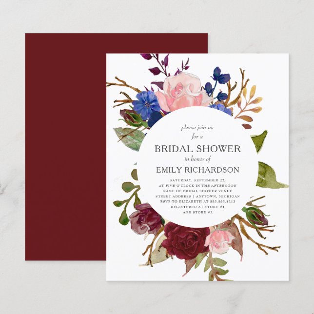 Papier Budget Marsala Floral nuptiale Invitation (Devant / Derrière)