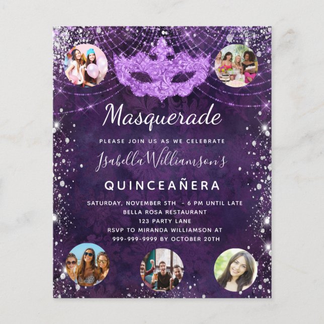 Papier Budget Masquerade violet Quinceanera invitation (Devant)