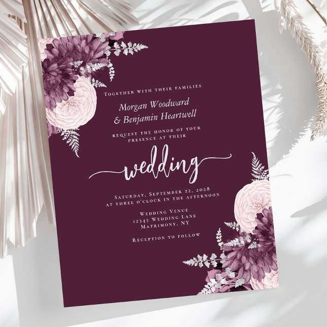 Papier Budget Mauve Silver Floral Wedding Invite (Créateur téléchargé)