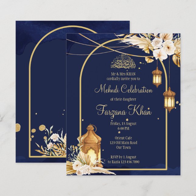 Papier Budget Mehndi invitation lanternes arabes arche d' (Devant / Derrière)