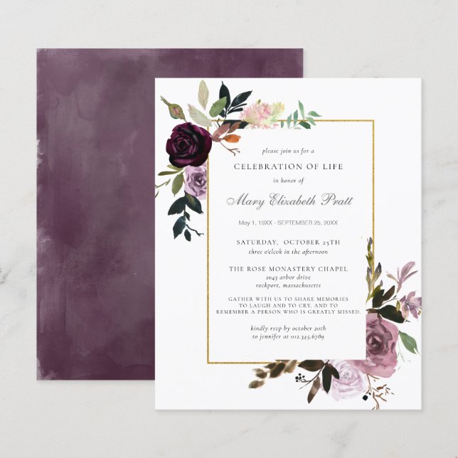 Papier Budget Memorial Service Purple Floral Invitation (Devant / Derrière)