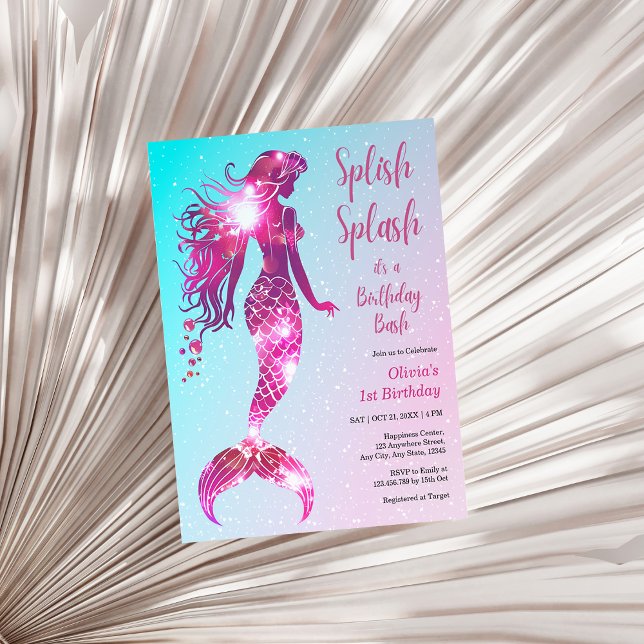 Papier Budget Mermaid Baby Girl 1er anniversaire Invitati (Splish Splash Mermaid Baby Girl 1st Birthday Invitation )