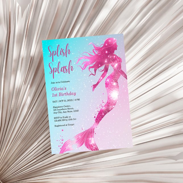 Papier Budget Mermaid Girl 1er Invitation anniversaire (Budget Splish Splash Mermaid Baby Girl 1st Birthday Invitation   )